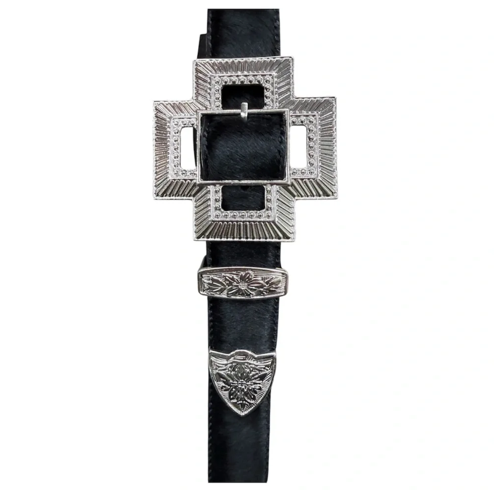 Western Black Calf Hair Leather Belt Silver Statement Buckle Southwestern